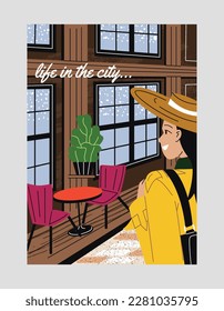 Woman in big city. Young girl in yellow jacket and hat looks at table with chairs. Supermarket, shopping mall or center. Urban architecture and infrastructure. Cartoon flat vector illustration