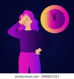 Woman with big clock. Time management. Efficiency in business, work productivity. Concept lack of time. Vector illustration in trendy colors.