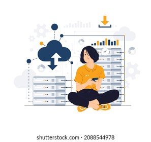 Mujer en Big data source, center, cloud computing y almacenamiento, hosting, sala de servidores, sistema de red e ilustración de concepto de tecnología