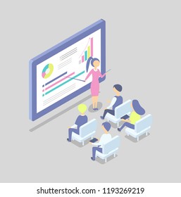 Woman at big digital screen with pointer shows presentation cartoon vector banner. Businesswoman present project to managers at conference isolated vector