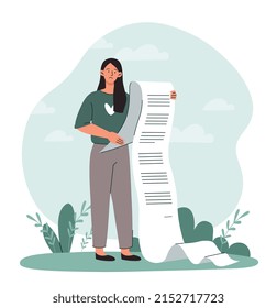 Woman with big document. Young girl checks expenses, long check. Financial literacy and income assessment, family budget planning. Entrepreneur or businesswoman. Cartoon flat vector illustration