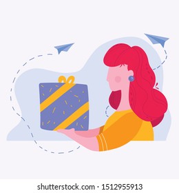 Woman with Big Gift Box Flat Vector Illustration. Girl in Casual Clothes Holding Present with Ribbon Cartoon Character. Young Fashionable Lady Receives Surprise Package on Birthday, Valentine Day