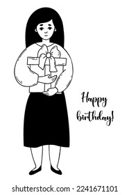 Woman with big gift box in her hands. Happy birthday tex. Vector illustration in doodle style. Female character for design of holiday themes