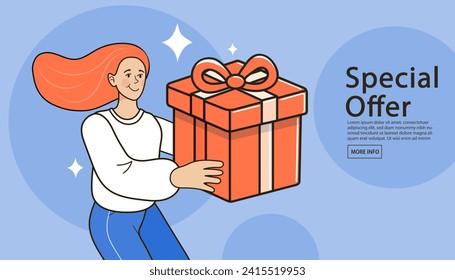 Woman with a big gift box outline. Celebration among friends. Big sale. shop advertisements. Online shopping concept. sale promotion. discount voucher or coupon. vector illustration. 