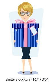 woman with big gift, vector