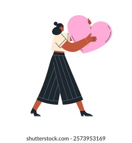 Woman big heart in hands, love for Valentines Day. Donation, charity, care and support concept. Kind romantic female with large like symbol. Flat vector illustration isolated on white background