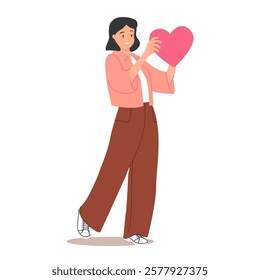 Woman big heart in hands, love for Valentines Day. Donation, charity, care and support concept. Kind romantic female with large like symbol. Flat vector illustration isolated on white background