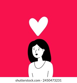 woman with big heart like feeling of love. simple graphic design element in flat minimal style. abstract female in irrational and romantic mood in happy carefree life with enthusiasm and passion