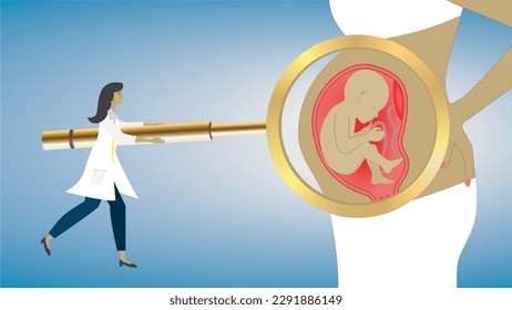 Woman with big magnifying glass examine baby in womans belly. Vector illustration. Dimension 16:9.