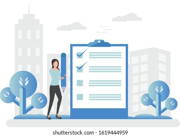 the woman with the big pencil is planning. Time management and business deadline concepts. Vector illustration