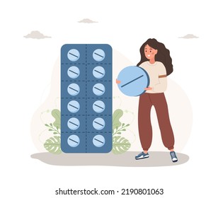 Woman with big pill. Meds in blisters. Antidepressants, vitamins and hormonal medications. Pharmacology and medical treatment. Vector illustration in flat cartoon style.