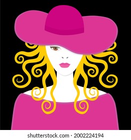 Woman with big pink hat and blond curly hair. Vector illustration.