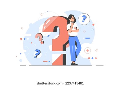 Woman with a big question mark. Questions concept. Curiosity. Answers on questions. Faq. Business vector flat illustration