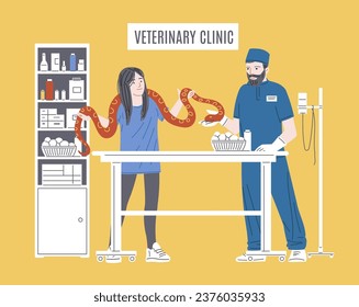 Woman with big red snake in the veterinarian clinic at consultation. Serpent lies on the owner's neck and arms. Vector illustration of pet reptile animal care, prevention, treatment. Exotic mammal