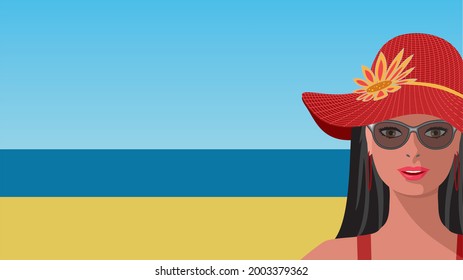 Woman with big red sun hat. Coy space in illustration. Vector illustration.