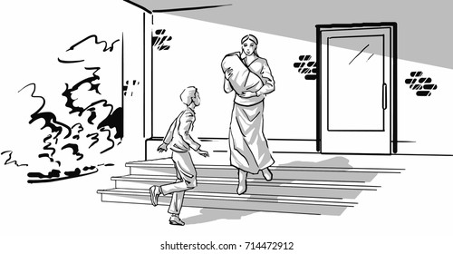 Woman With A Big Roll In Her Hands Walking Down The Steps Of Old Building. A Boy Is Running Towards Her. Sad Mom With Baby And Son Teenager. Single Parent Family. Black And White Vector Sketch Drawing