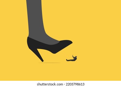 woman big shoes trying to stomping step on his small worker or businessman.