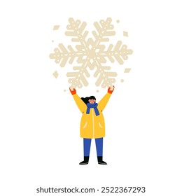 Woman with big snowflake. Hello winter. Paper snowflake cutting concept. Trendy flat vector illustration