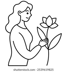 Woman with big spring flower. Vector paper art illustration. Continuous one line style. Vector illustration on white background.