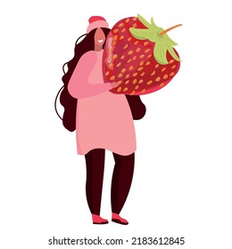 Woman with big strawberry on white background