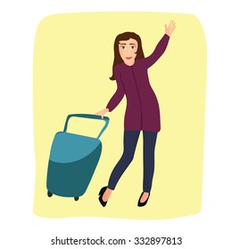 Woman With Big Suitcase Waving Bye. Vector Cartoon Isolated Girl Womanly Uses Convenient Suitcase. People Are Comfortable Using Bags.