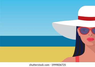 Woman With Big Sun Hat And Sun Glasses. Vector Illustration.