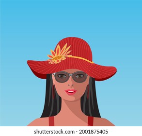Woman With Big Sun Hat And Sunglasses. Vector Illustration.