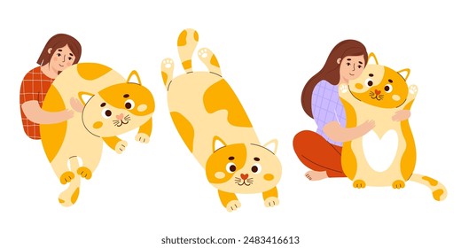 Woman with big toy cat set. Soft plush anti-stress cuddly oversized pillow toy. Person with comfortable cute animal to sleep and play. Isolated vector illustrations in flat style.