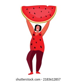 Woman with big watermelon slice on white background