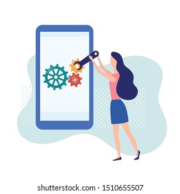 Woman with big wrench repairing phone screen with gears. Service technician with a spanner is repair big smartphone. Software configuration, debugging mobile applications. Vector illustration in carto