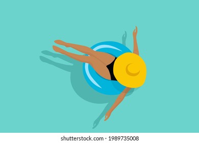 Woman in the big yellow hat floating on a blue lifebuoy. Top view. Vector illustration.