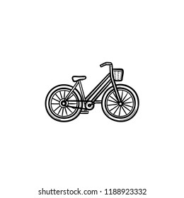 Woman bike with basket hand drawn outline doodle icon. Retro bicycle, ladies cycling and shopping concept. Vector sketch illustration for print, web, mobile and infographics on white background.