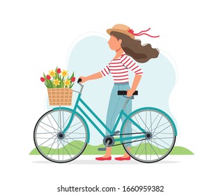 Woman with a bike with flowers in the basket in spring. Cute vector illustration in flat style