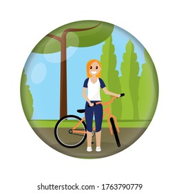 Woman in a bike over a natural landscape. Bike trips - Vector