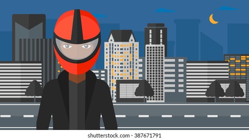 Woman in biker helmet.