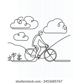 Woman Biker One Line Drawing. Woman on Bicycle Abstract Minimal Linear Drawing