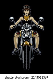 Woman Biker Riding the Old Motorcycle in front View Angle