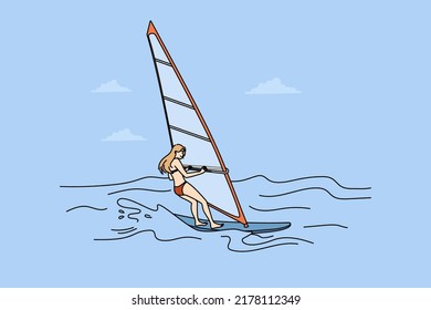 Woman in biking windsurfing in sea. Female have fun enjoy active extreme summer vacation. Vector illustration. 