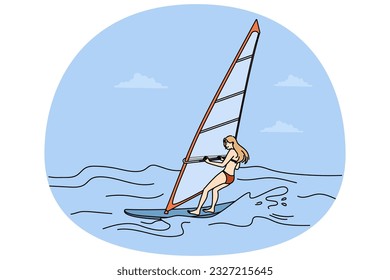 Woman in biking windsurfing in sea. Female have fun enjoy active extreme summer vacation. Vector illustration.