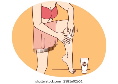 Woman in bikini apply sunscreen on legs on beach. Female in swimsuit using oil or balm sun protection on seashore on summertime vacation. Vector illustration.