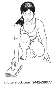 A woman in bikini cleans the floor in black and white and vector format.