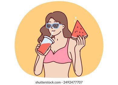 Woman in bikini drinks fruit smoothie and eats watermelon relaxing on beach or pool party. Woman in bikini and sunglasses enjoy vacation on tropical island traveling on summer vacation