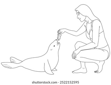 Uma mulher de biquíni dando focas. Ilustração em formato de contorno e de vetor.