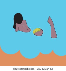 woman with bikini floating, lying on water surface. Young girl in bikini in sea, blue aqua. Serene female character relaxing in harmony on summer holiday. Flat vector illustration