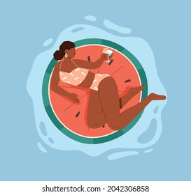 Woman in bikini floating on rubber ring in pool, relaxing with summer cocktail. Happy person swimming on inflatable watermelon in water, resting with drink in hands. Colored flat vector illustration