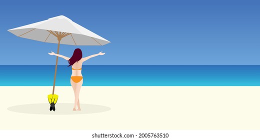 Woman in bikini happily walking on tropical beach background illustration vector.