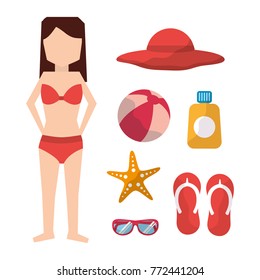 woman with bikini hat ball sandals sunglasses sunblock and starfish