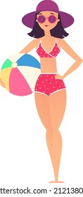 Woman in bikini holding beach ball. Summer fun activity