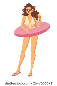 Mulher de biquíni em anel de borracha inflável. Jovem menina em trajes de banho com flutuador de piscina, vibrações de verão. Personagem feminina de maiô relaxante nas férias de verão. Ilustração isolada