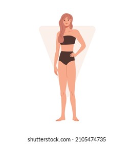 Woman in bikini with inverted triangle body shape. Female in lingerie with wide shoulders figure type. Slender model standing in underwear. Flat vector illustration isolated on white background